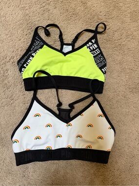 Victoria's Secret PINK Neon Yellow & White Rainbow Sports Bras